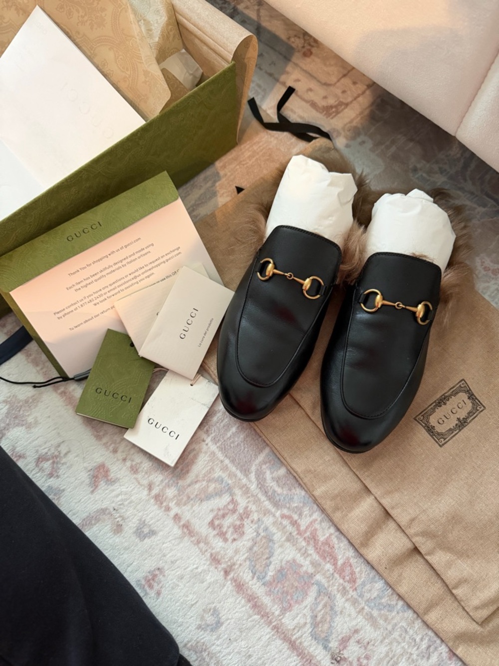 Gucci Black Leather Horsebit Fur-Lined Slippers